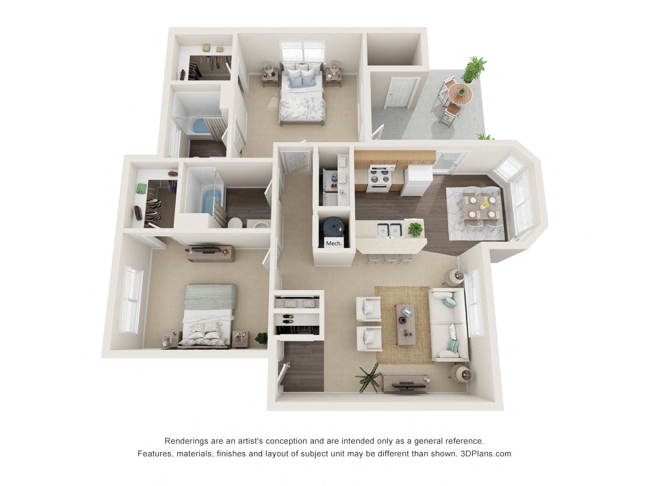 Floor plan for 2 beds, 2 baths